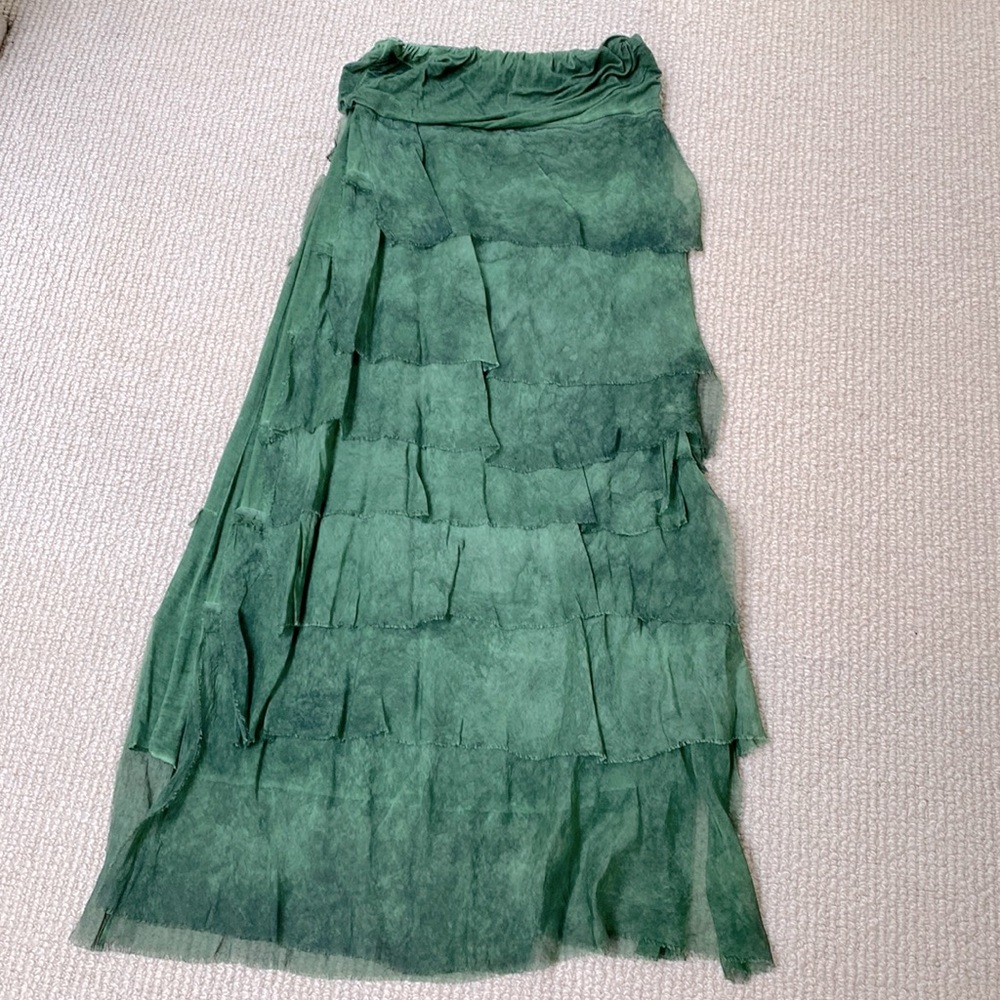 Scandal Italy Green Hand-Dyed Silk Tiered Skirt